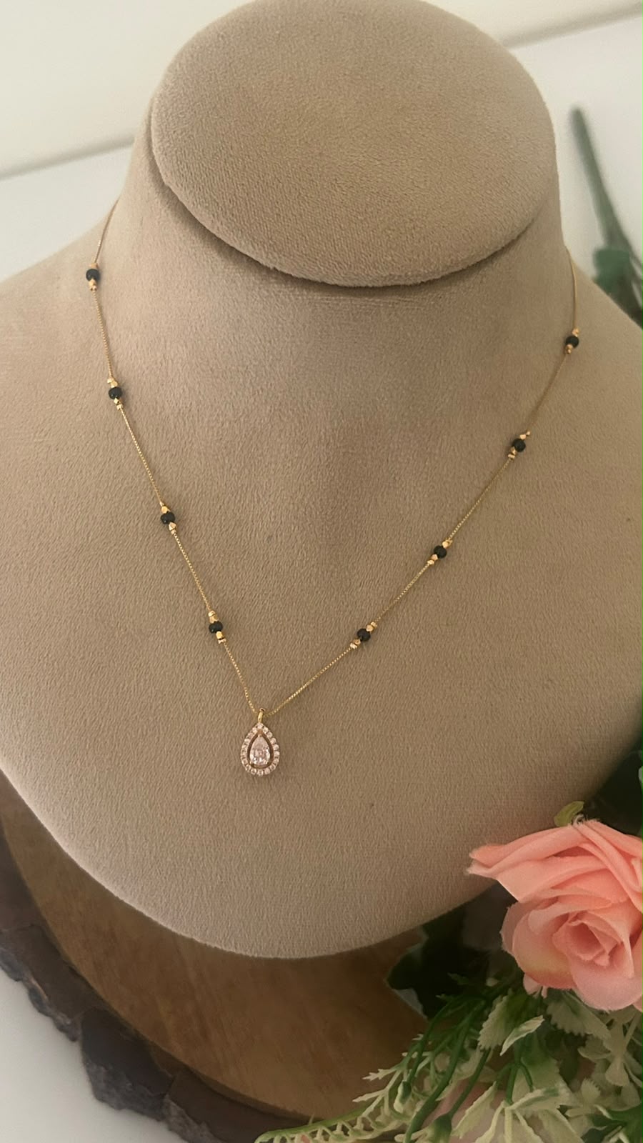 Elegant Gold-Finish Black Beads Mangalsutra Chain with Teardrop CZ Pendant