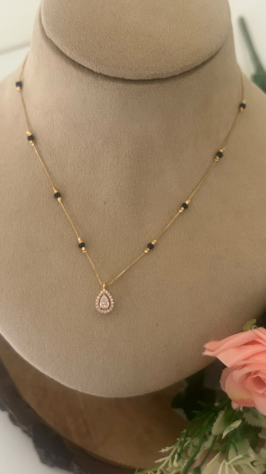 Elegant Gold-Finish Black Beads Mangalsutra Chain with Teardrop CZ Pendant