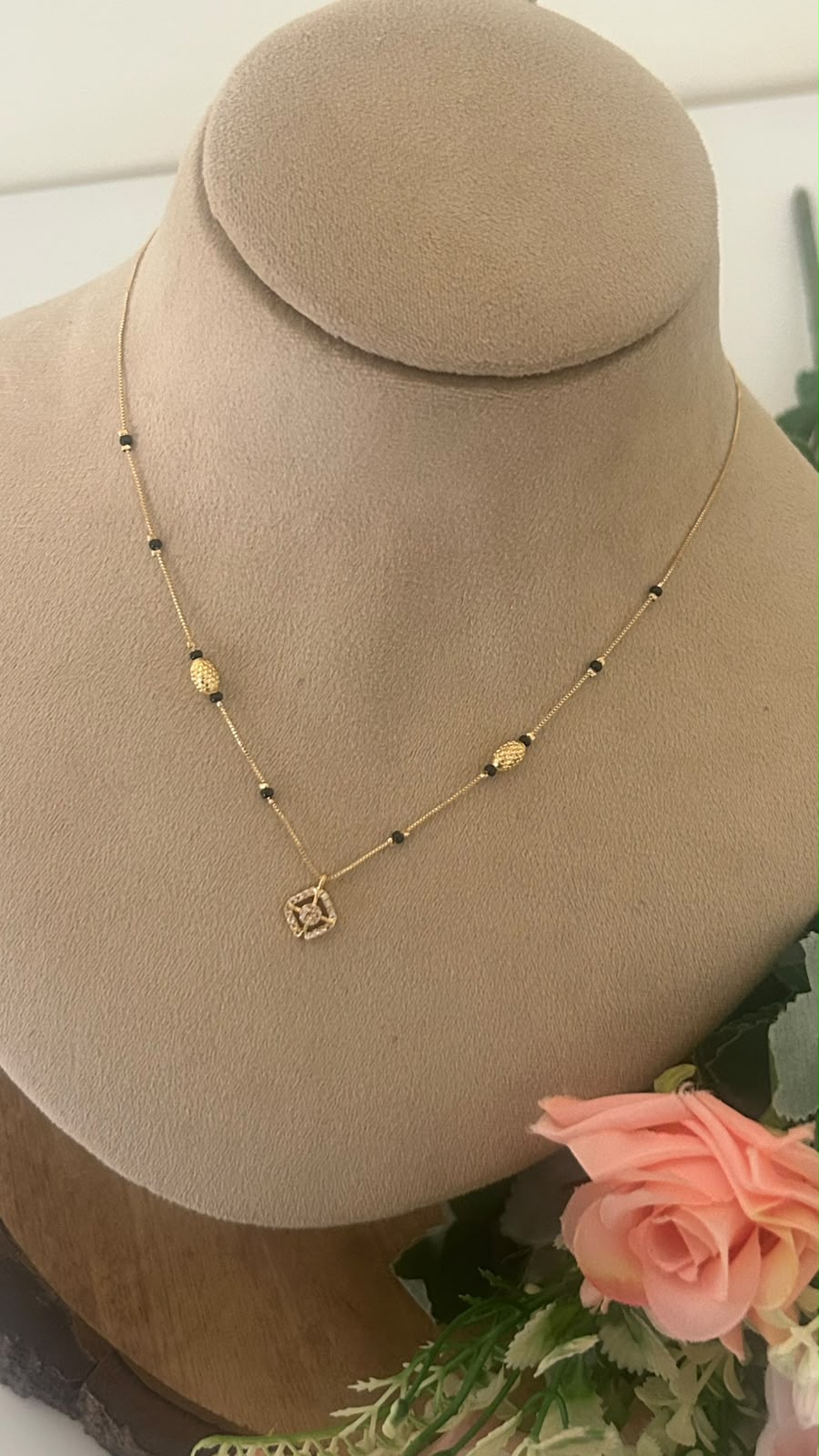 Black Beads Mangalsutra Chain with Floral CZ Pendant and Textured Gold Beads