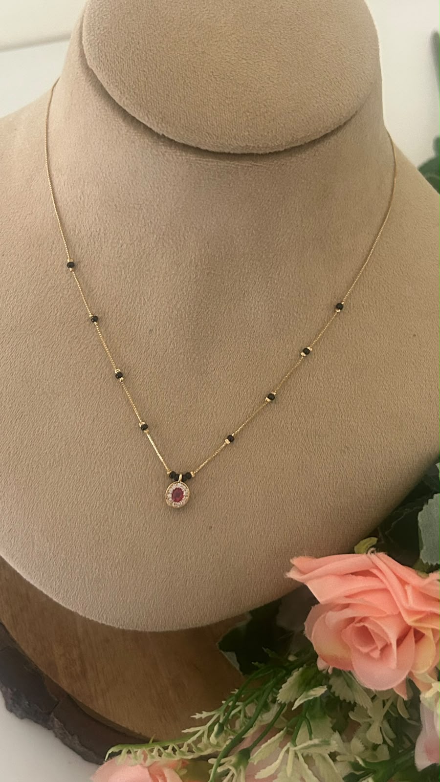 Minimal Ruby Halo Black Beads Mangalsutra Chain with Gold Finish