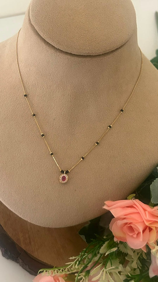 Minimal Ruby Halo Black Beads Mangalsutra Chain with Gold Finish