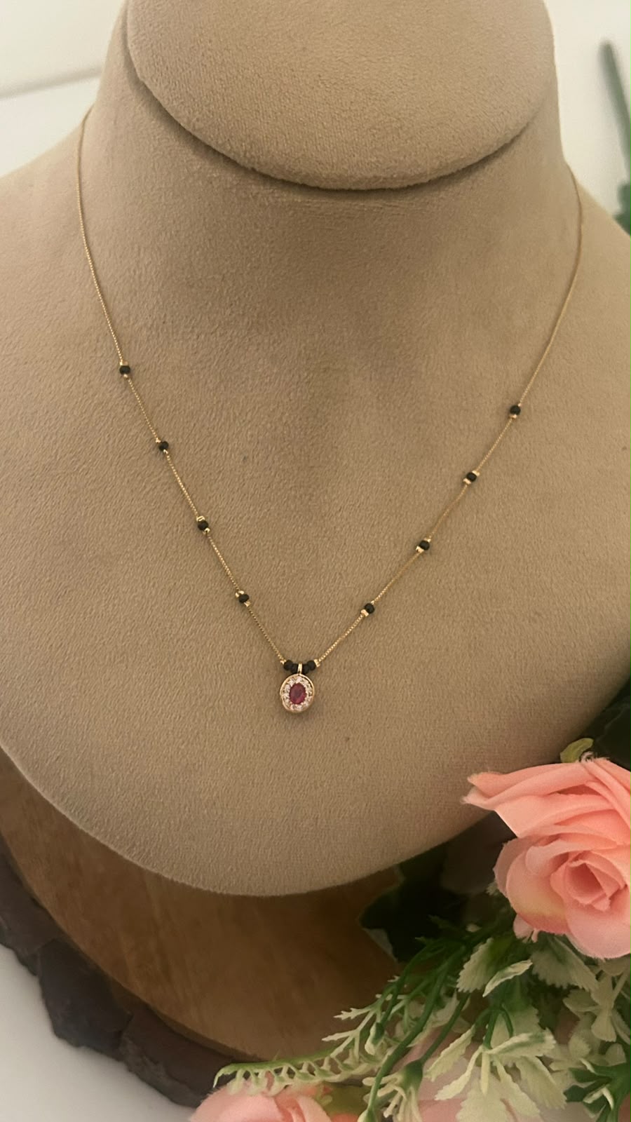 Minimal Ruby Halo Black Beads Mangalsutra Chain with Gold Finish