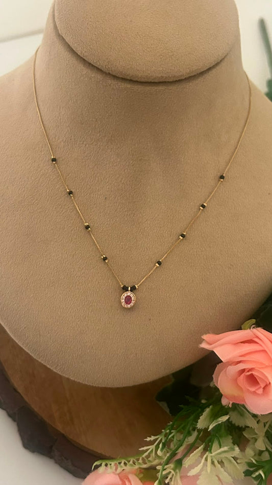 Minimal Ruby Halo Black Beads Mangalsutra Chain with Gold Finish