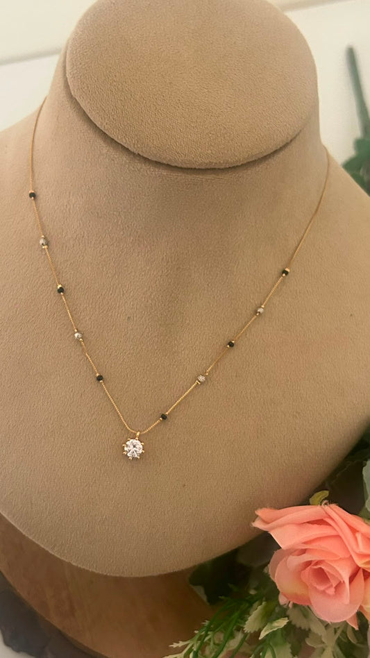 Sparkling Diamond-Style Black Beads Mangalsutra Chain with Round CZ Pendant