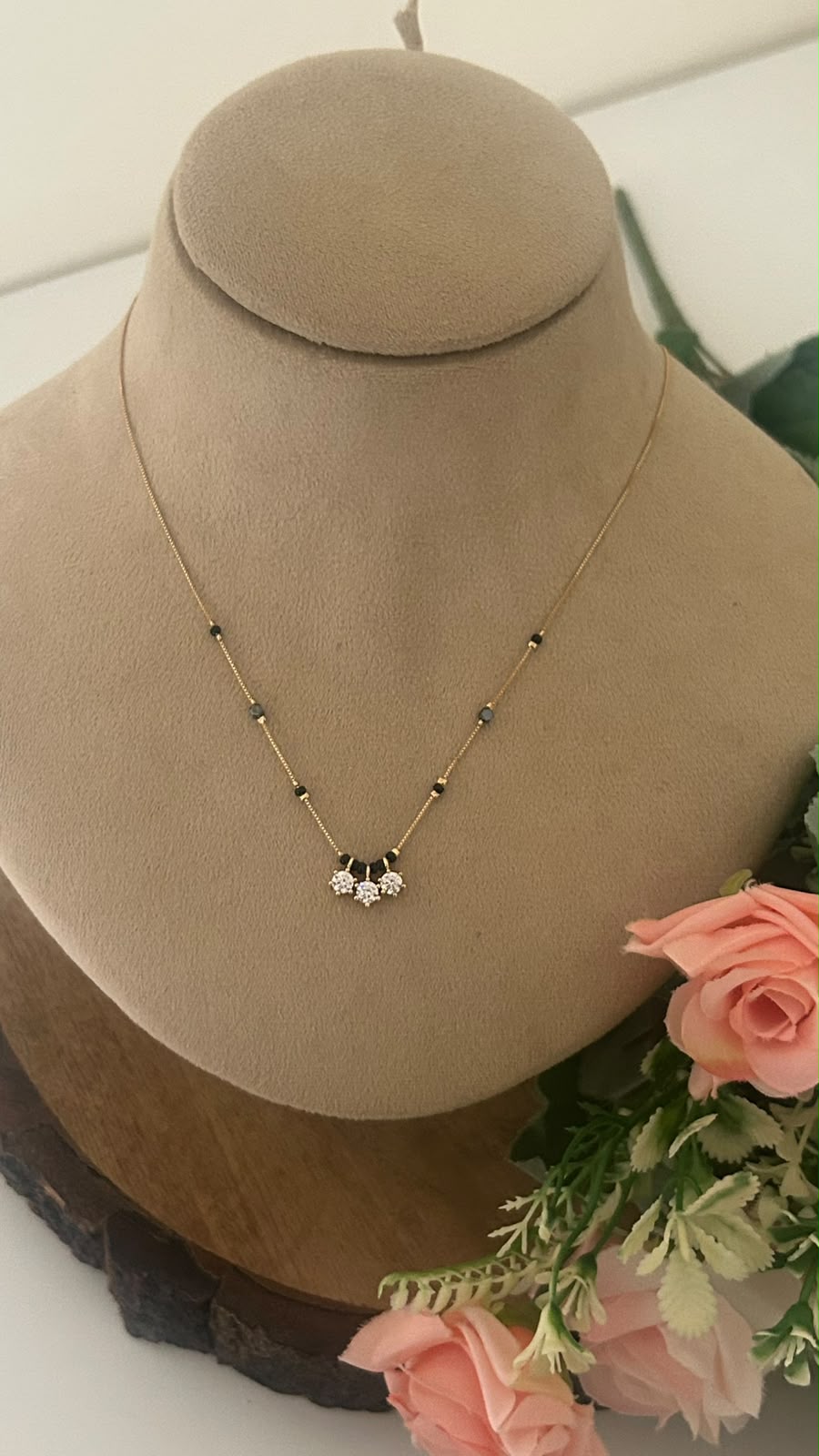 Elegant Three Blossom CZ Black Beads Mangalsutra Chain with Gold Finish