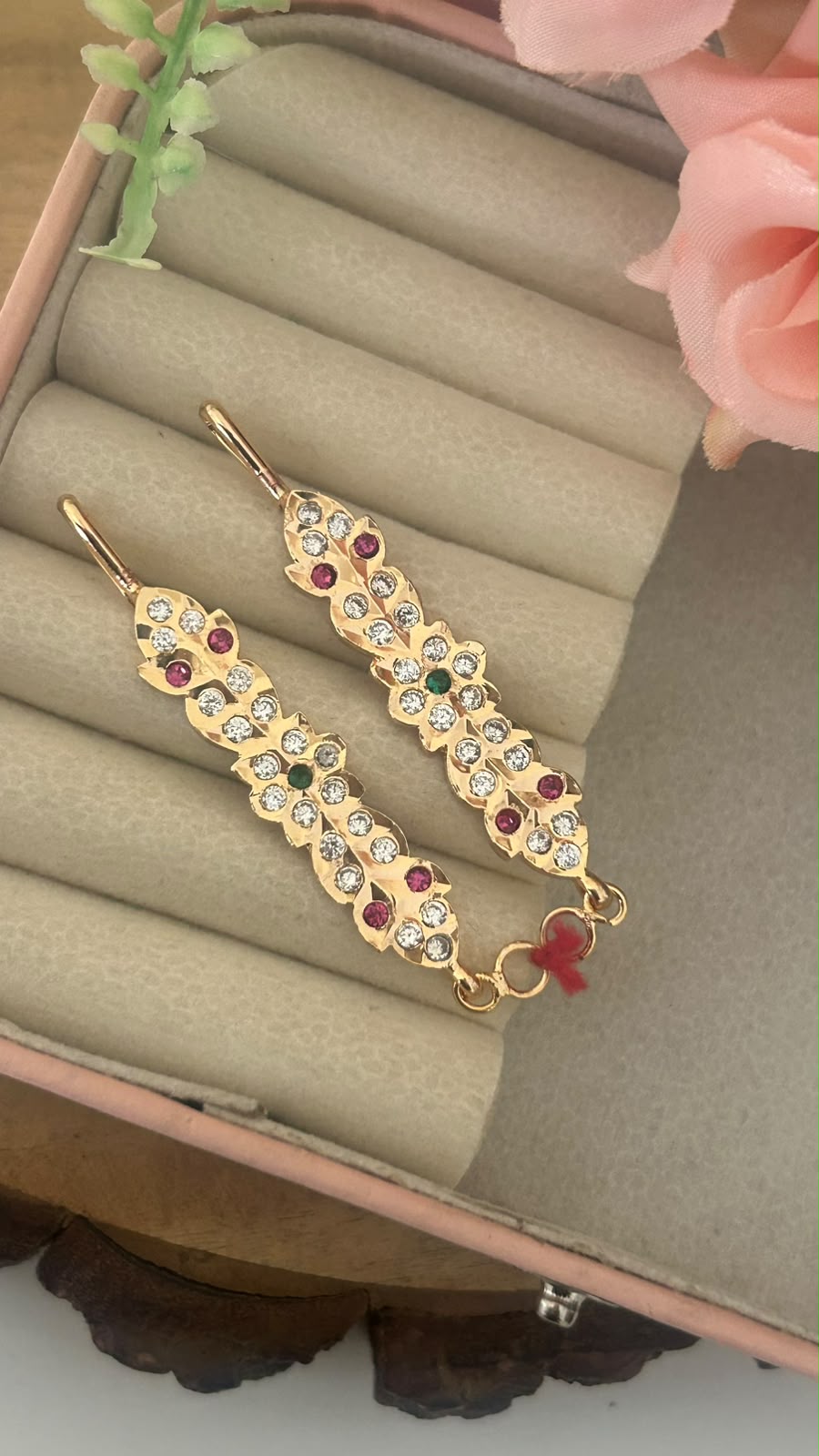 Polished Panchaloham Floral Stone Mattilu Ear Chains | Gold Finish Ruby & Green Stone Design
