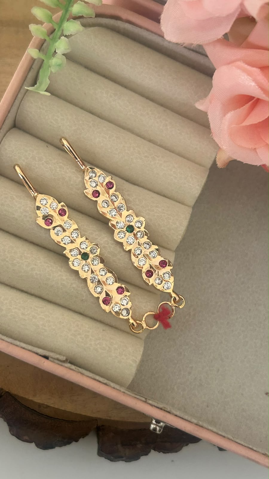Polished Panchaloham Floral Stone Mattilu Ear Chains | Gold Finish Ruby & Green Stone Design