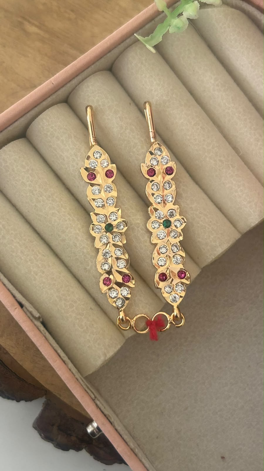 Polished Panchaloham Floral Stone Mattilu Ear Chains | Gold Finish Ruby & Green Stone Design