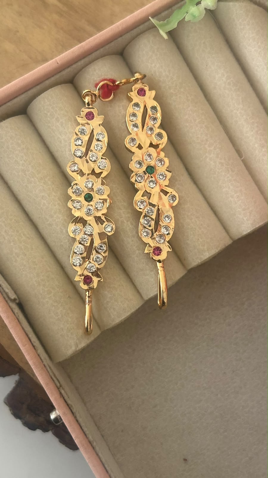 Polished Panchaloham Floral Stone Mattilu Ear Chains | Ruby & Green Gold Finish Design