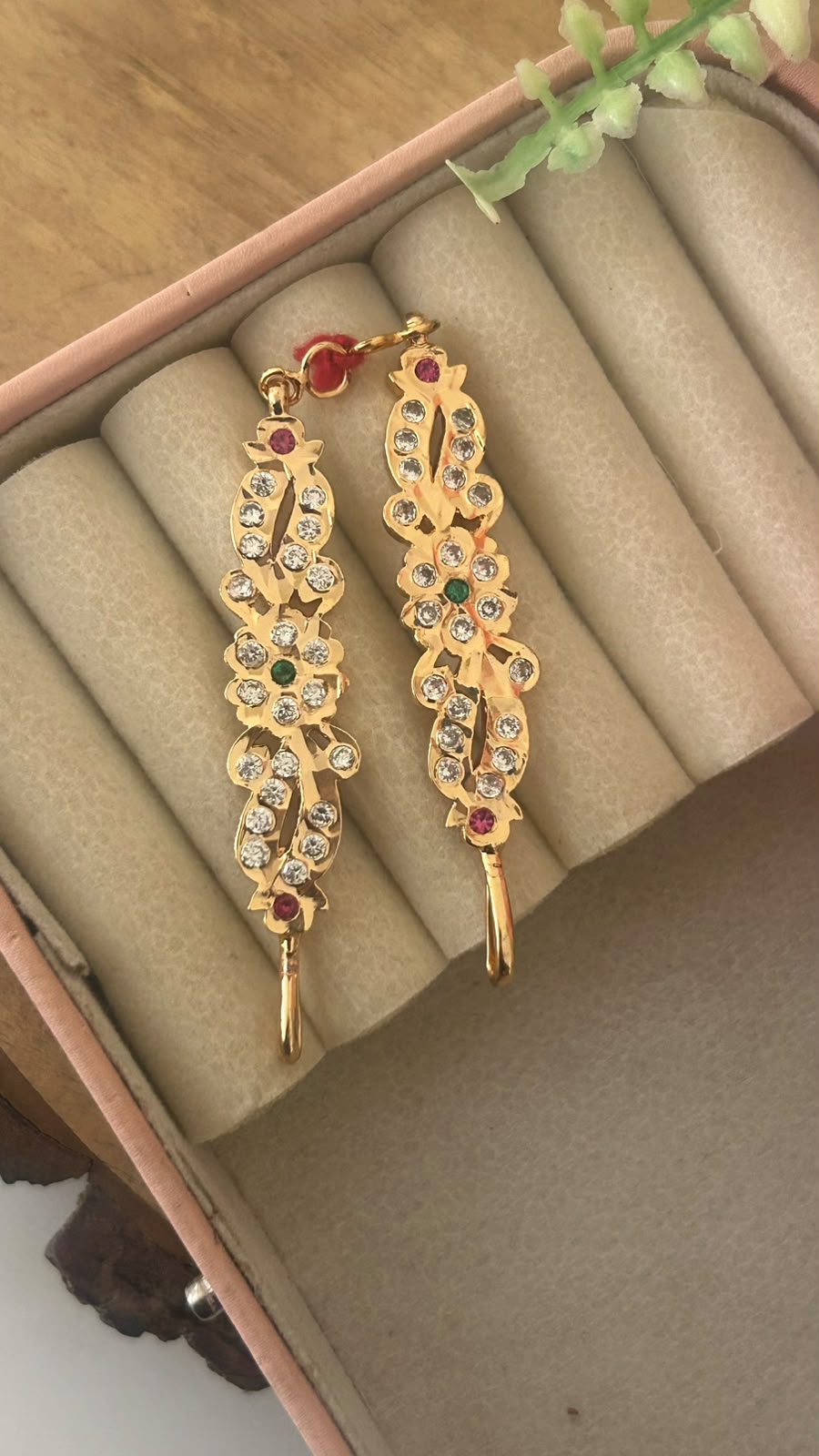 Polished Panchaloham Floral Stone Mattilu Ear Chains | Ruby & Green Gold Finish Design