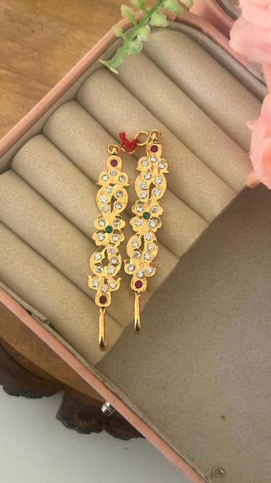 Polished Panchaloham Leaf Pattern Stone Mattilu | Traditional Gold Finish Ear Chains