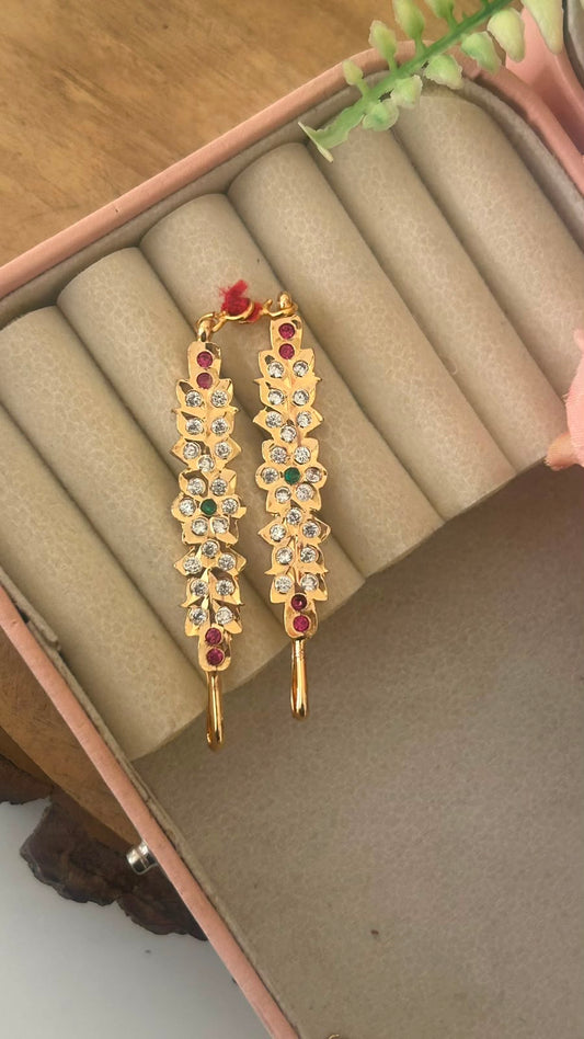 Polished Panchaloham Lotus Vine Mattilu | Ruby Emerald CZ Stone Ear Chains
