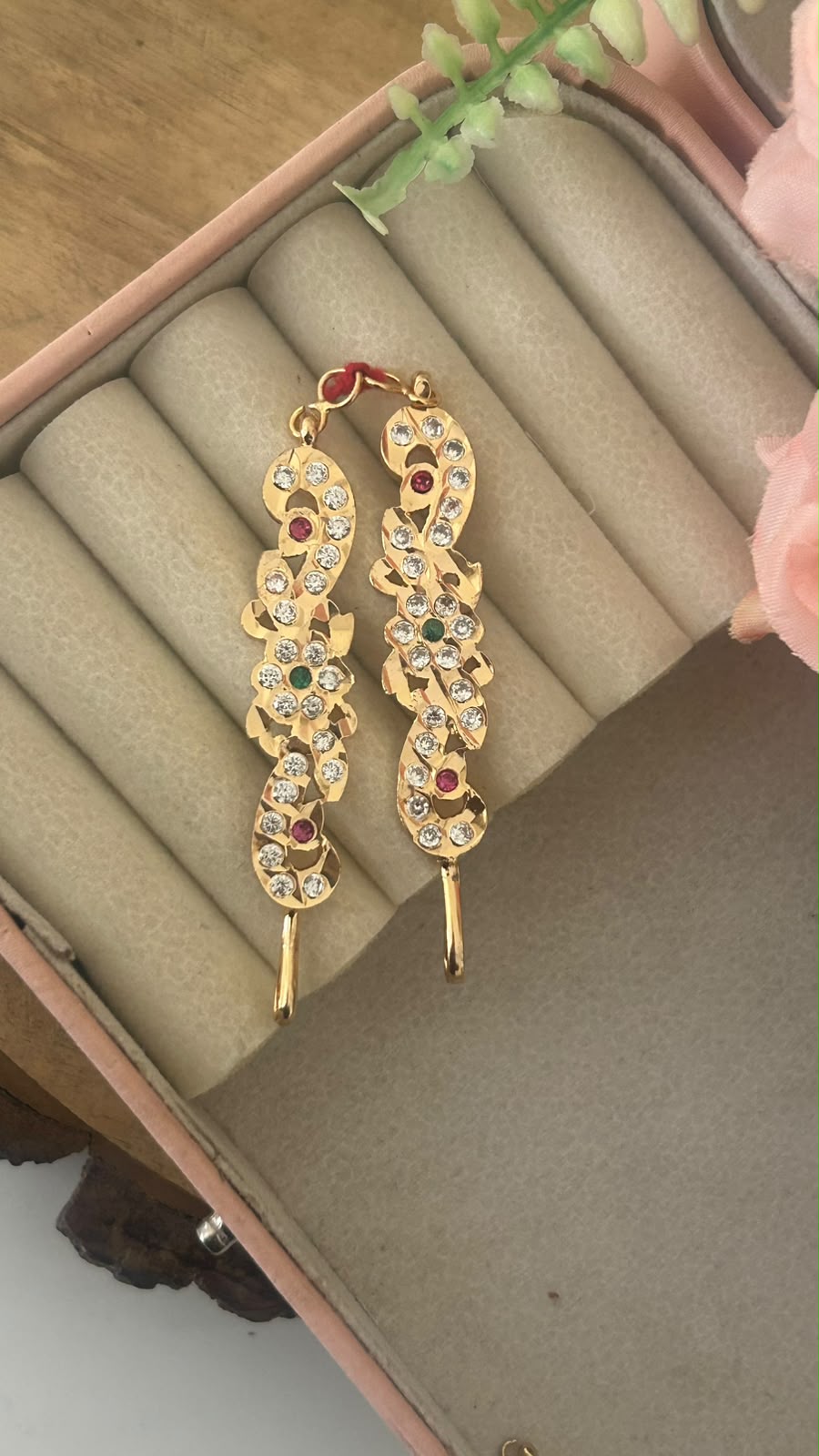 Polished Panchaloham Mango Motif Mattilu | Ruby Green CZ Stone Gold Finish Ear Chains