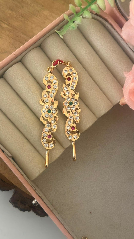 Polished Panchaloham Mango Motif Mattilu | Ruby Green CZ Stone Gold Finish Ear Chains