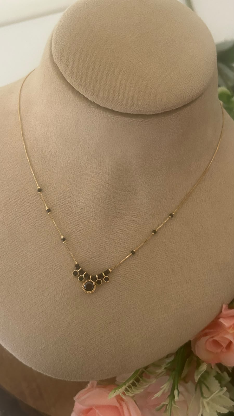 Minimal Brown Stone Charm Black Beads Mangalsutra Chain with Gold Finish