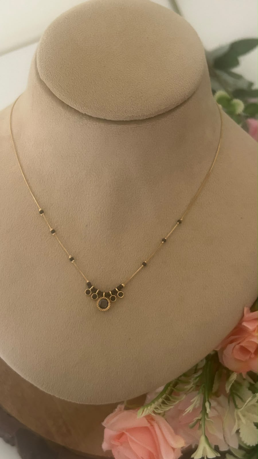 Minimal Brown Stone Charm Black Beads Mangalsutra Chain with Gold Finish
