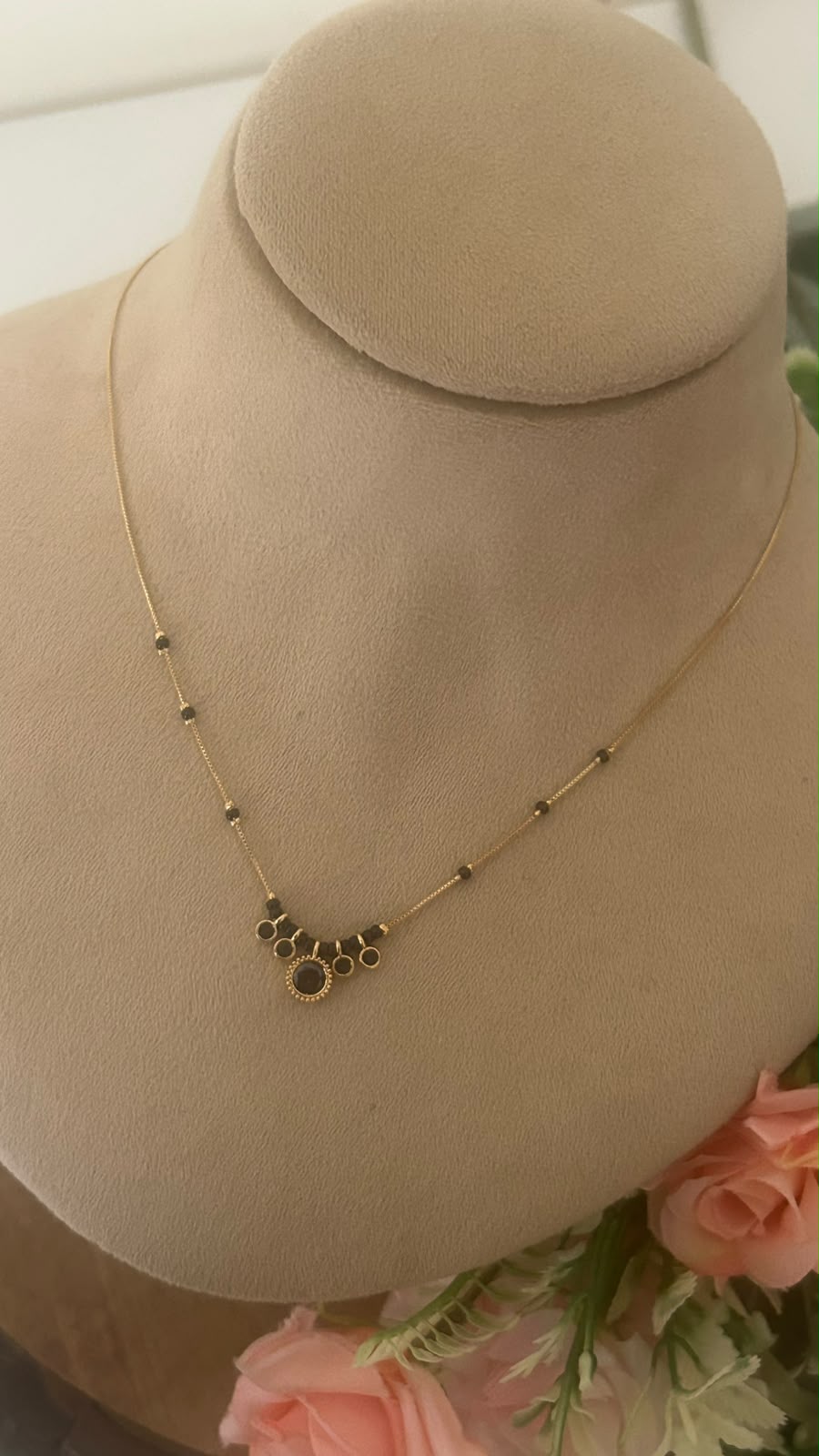 Minimal Brown Stone Charm Black Beads Mangalsutra Chain with Gold Finish
