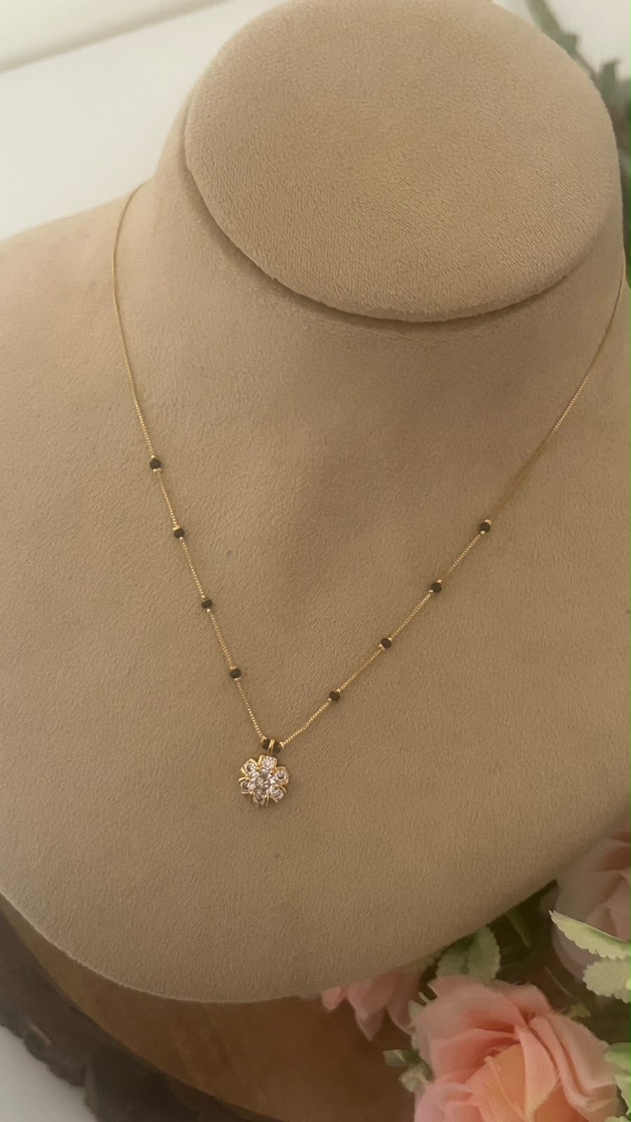 Radiant Blossom CZ Pendant Black Beads Mangalsutra Chain with Gold Finish