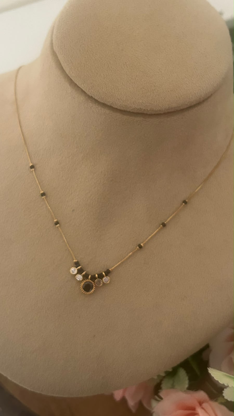 Brown Halo Charm Black Beads Mangalsutra Chain with Gold Finish