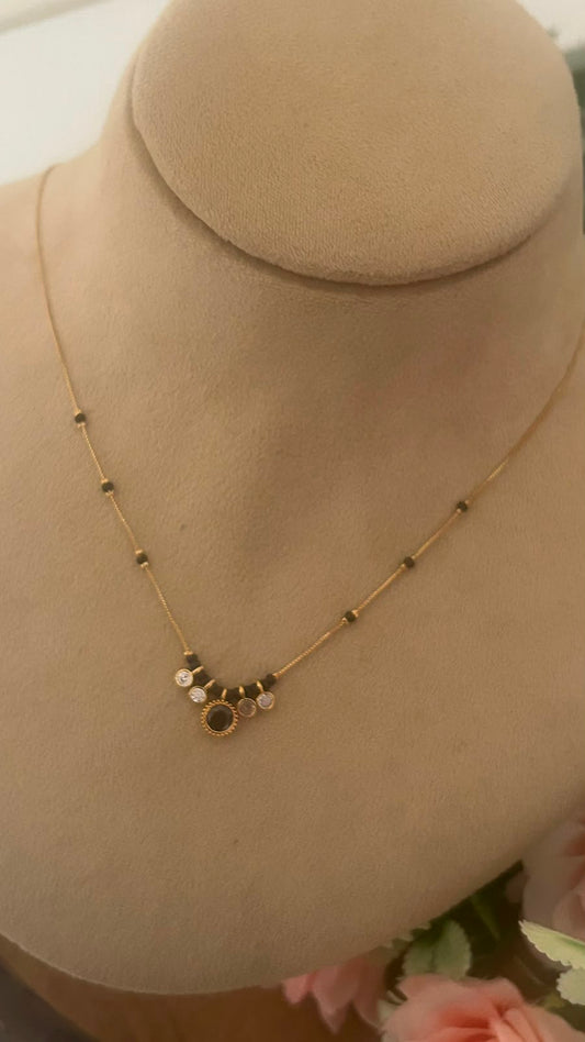 Brown Halo Charm Black Beads Mangalsutra Chain with Gold Finish