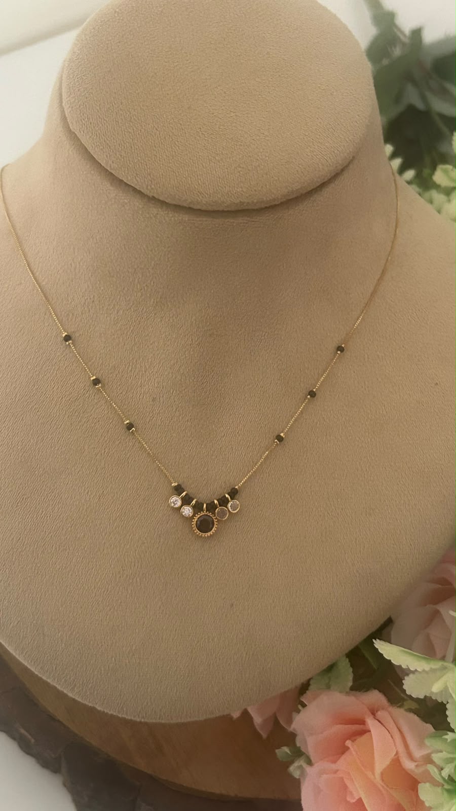 Brown Halo Charm Black Beads Mangalsutra Chain with Gold Finish