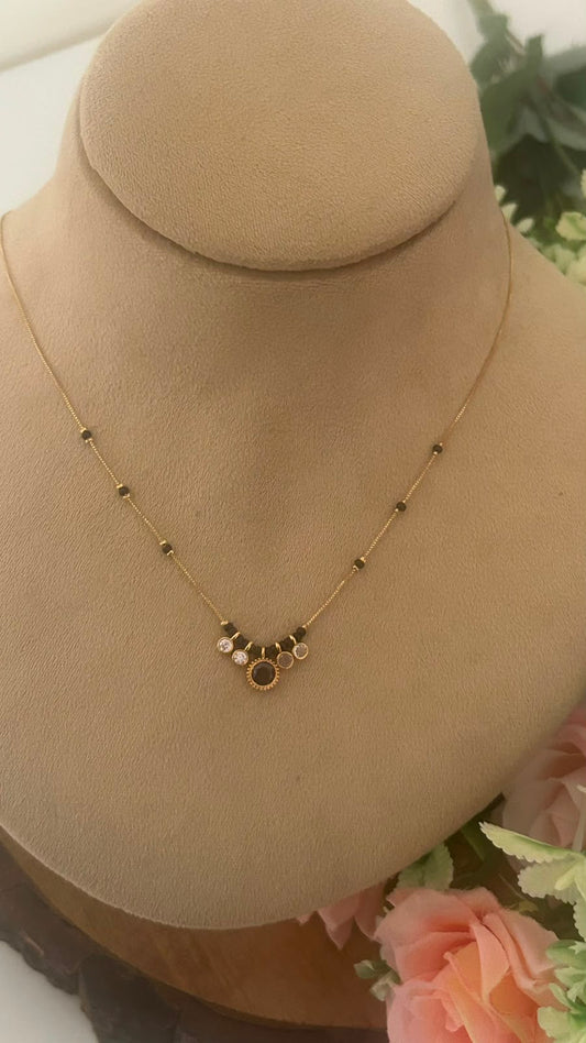 Brown Halo Charm Black Beads Mangalsutra Chain with Gold Finish