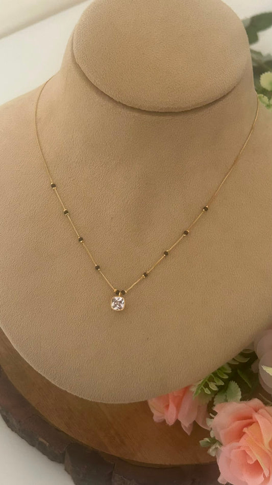 Elegant Square Solitaire Black Beads Mangalsutra Chain with Gold Finish