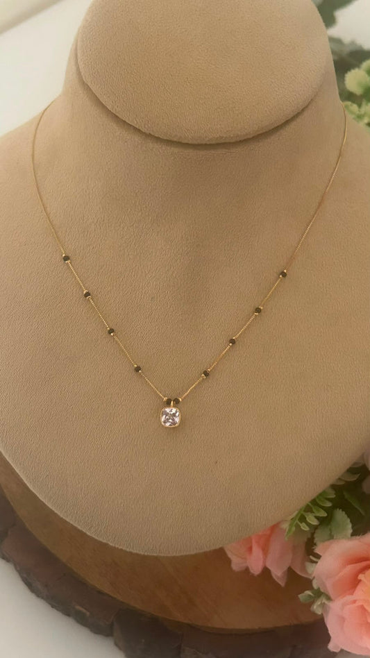 Elegant Square Solitaire Black Beads Mangalsutra Chain with Gold Finish