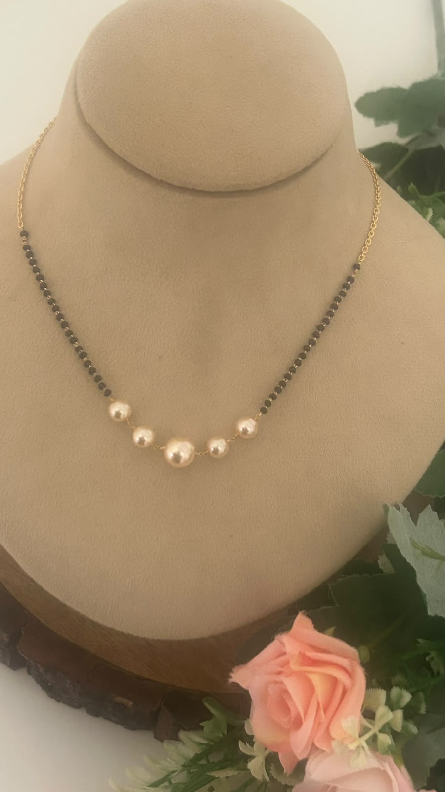Black Beads Mangalsutra Chain with Graduated Gold Ball Design in 16 inch