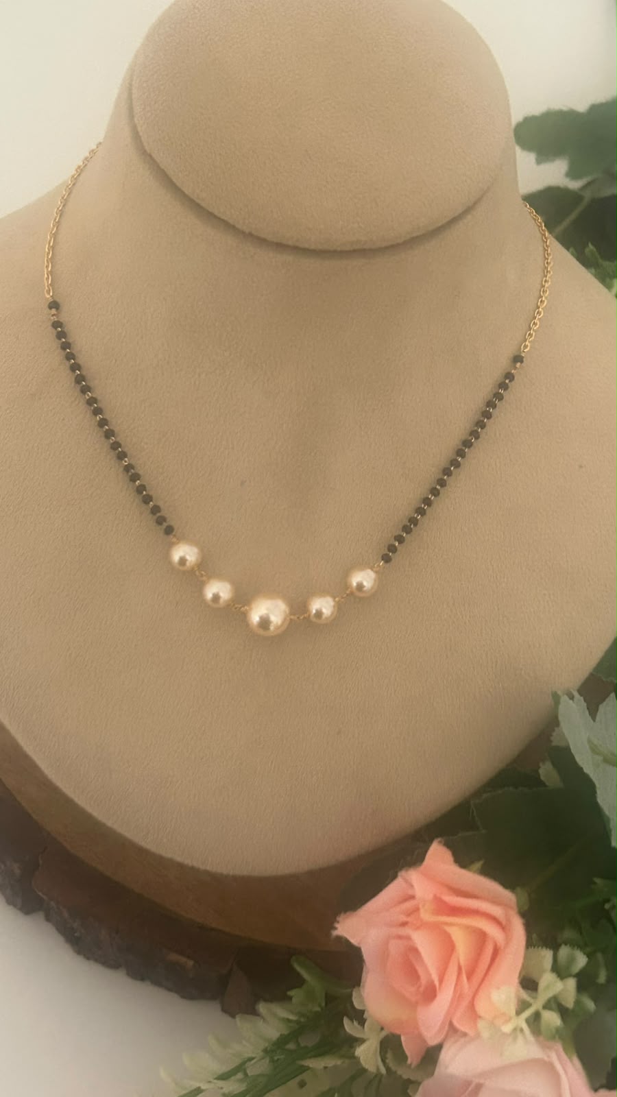 Black Beads Mangalsutra Chain with Graduated Gold Ball Design in 16 inch