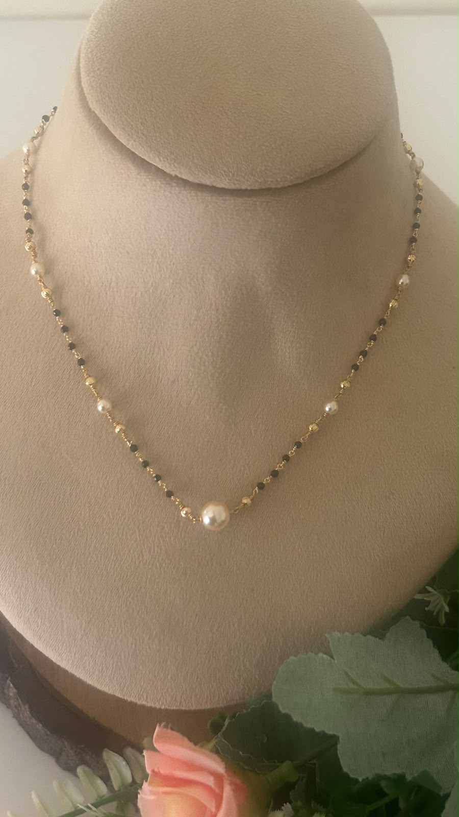 Classic Pearl Accent Black Beads Mangalsutra Chain with Gold Finish