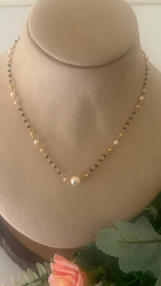 Classic Pearl Accent Black Beads Mangalsutra Chain with Gold Finish