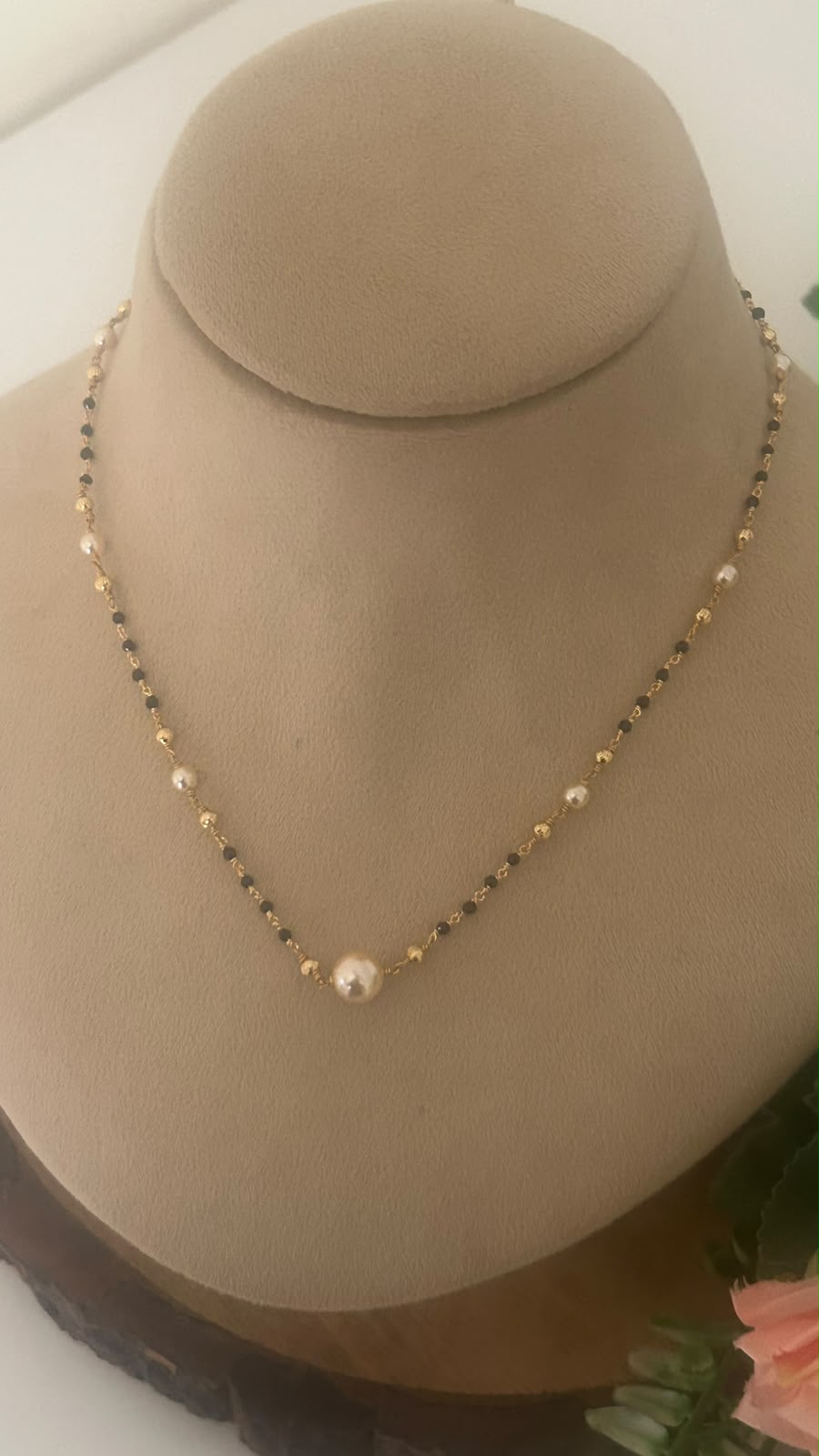 Classic Pearl Accent Black Beads Mangalsutra Chain with Gold Finish