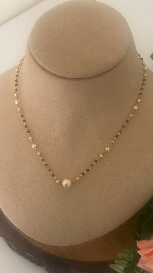 Classic Pearl Accent Black Beads Mangalsutra Chain with Gold Finish