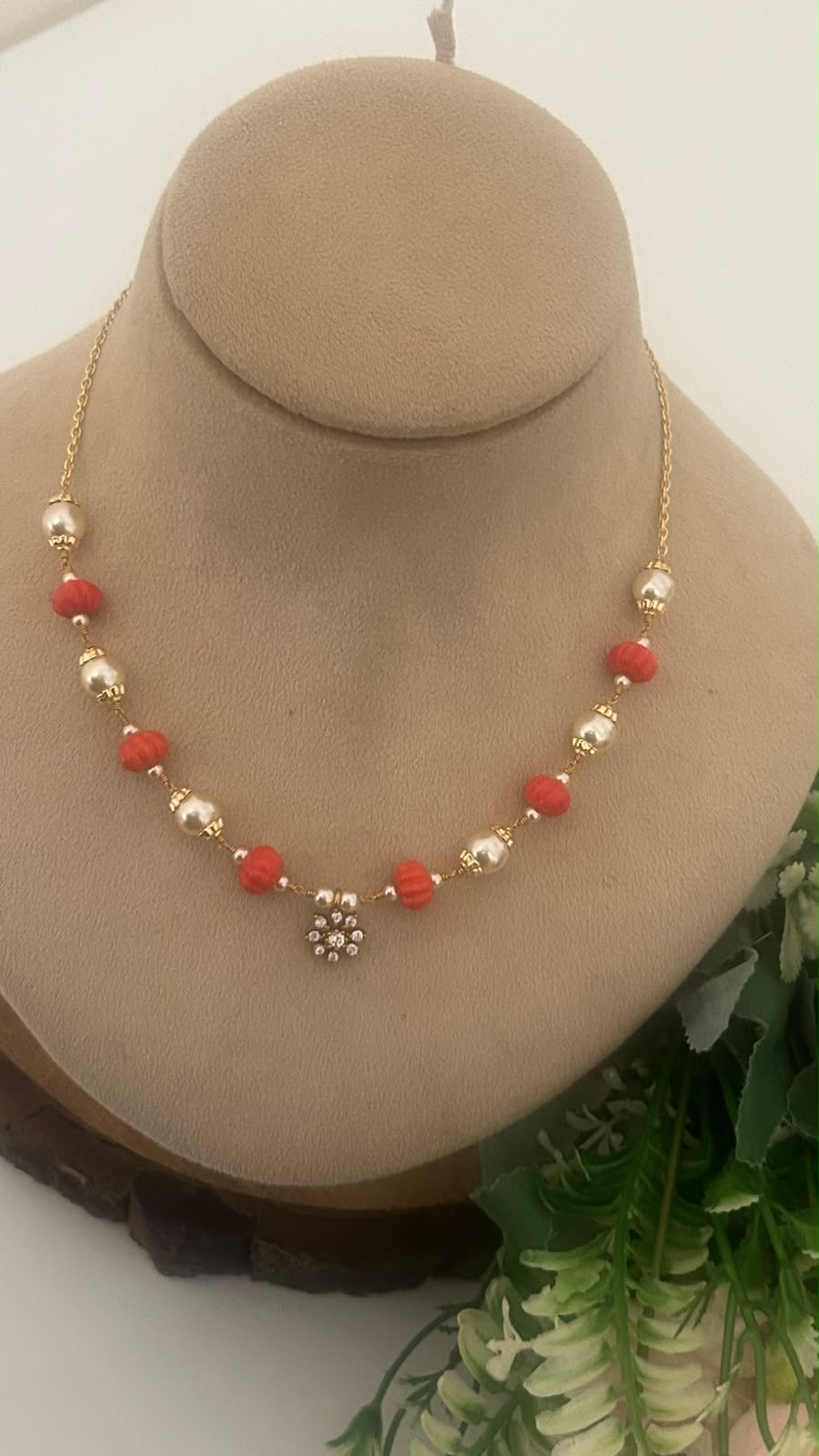 Red coralBeads &  swaroski Pearl Necklace with CZ Floral Pendant