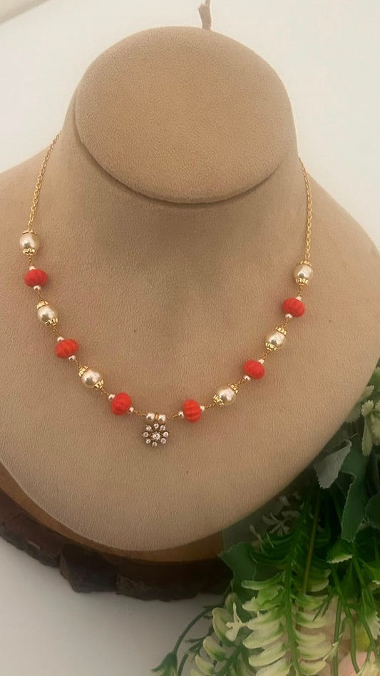 Red coralBeads &  swaroski Pearl Necklace with CZ Floral Pendant
