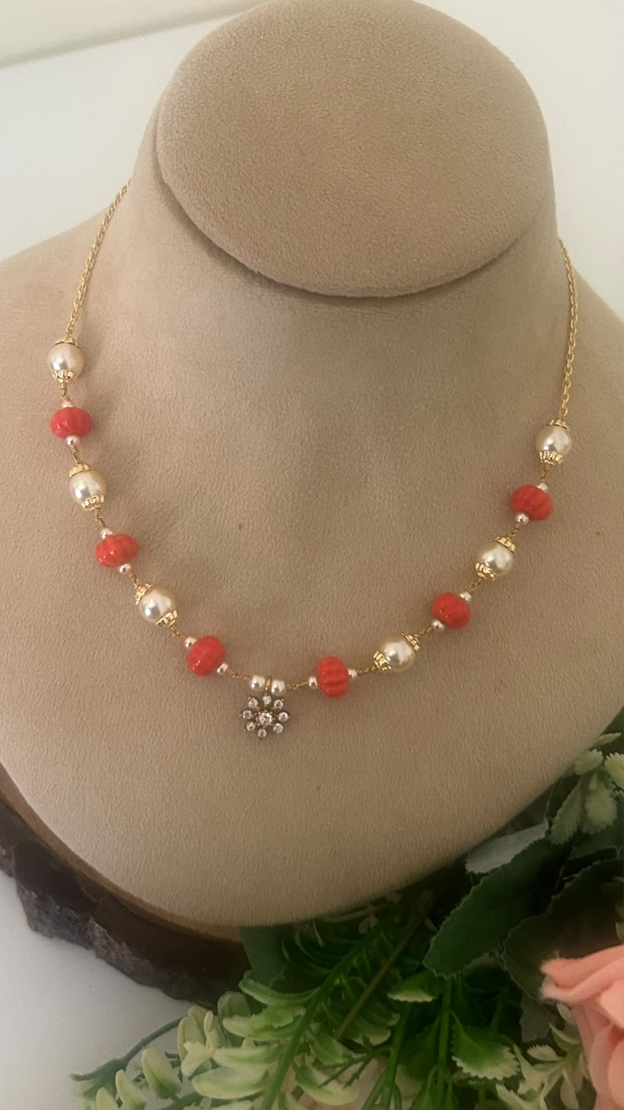 Red coralBeads &  swaroski Pearl Necklace with CZ Floral Pendant
