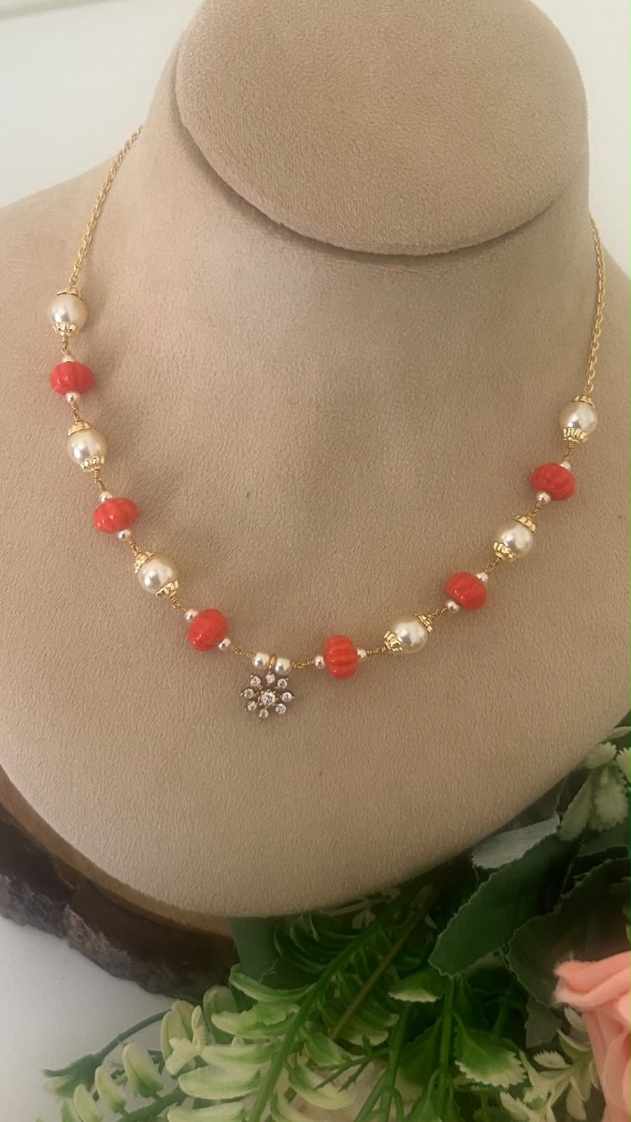 Red coralBeads &  swaroski Pearl Necklace with CZ Floral Pendant