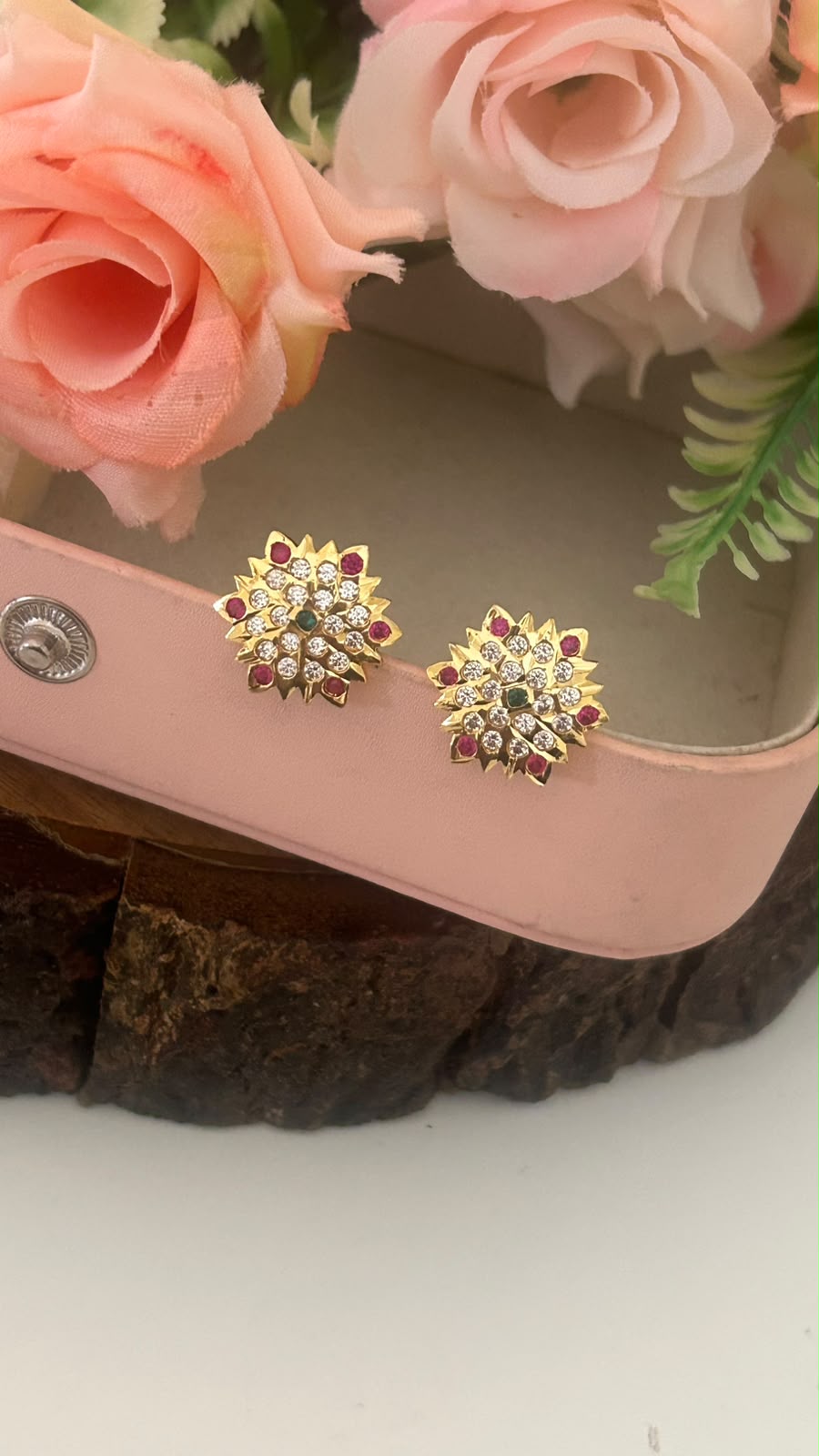 Panchaloham Polished Ruby Green Stone Floral Big Size Stud Earrings