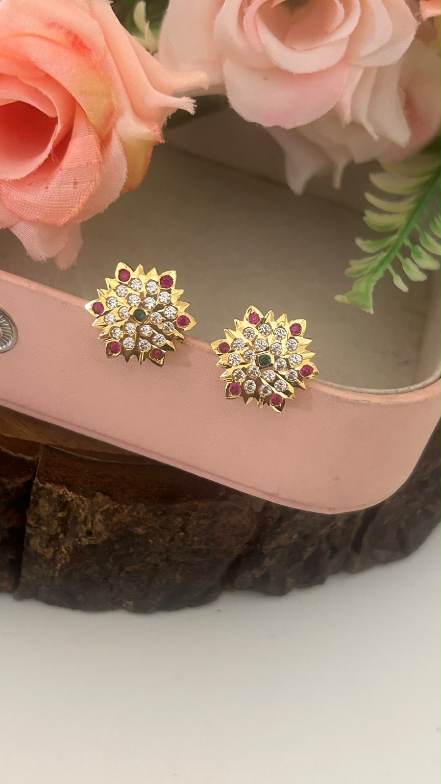 Panchaloham Polished Ruby Green Stone Floral Big Size Stud Earrings