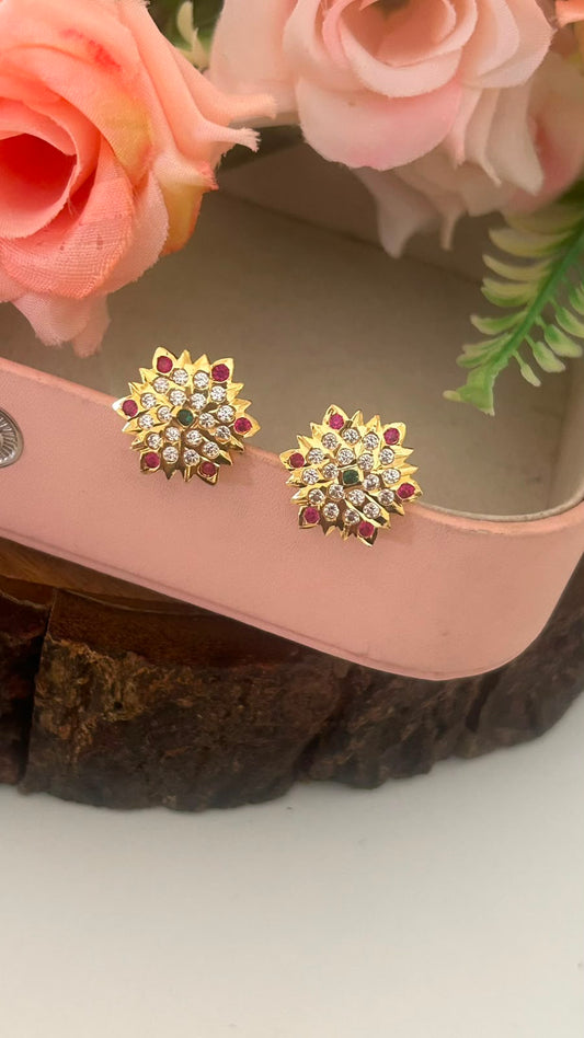 Panchaloham Polished Ruby Green Stone Floral Big Size Stud Earrings
