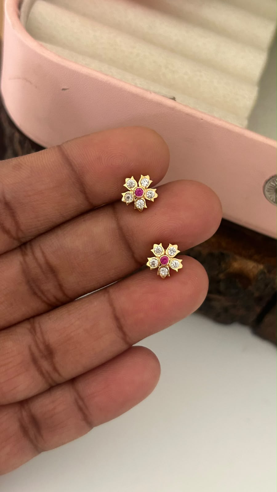 Panchaloham  full white with middle red Flower Stud Earrings | Small Stone Traditional wear