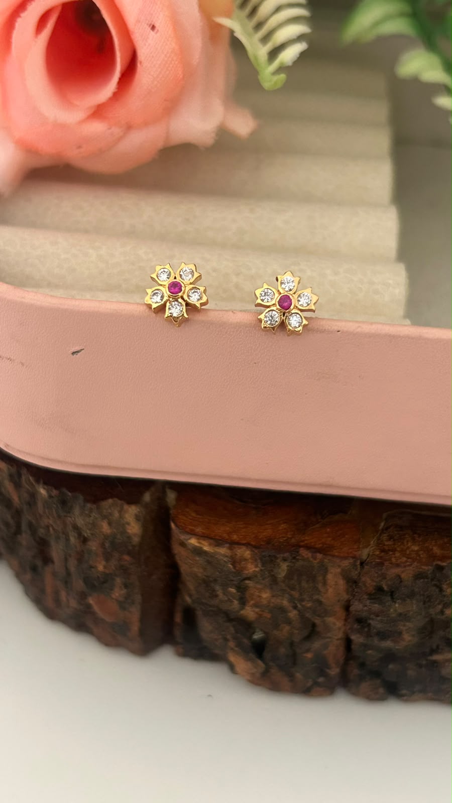 Panchaloham  full white with middle red Flower Stud Earrings | Small Stone Traditional wear