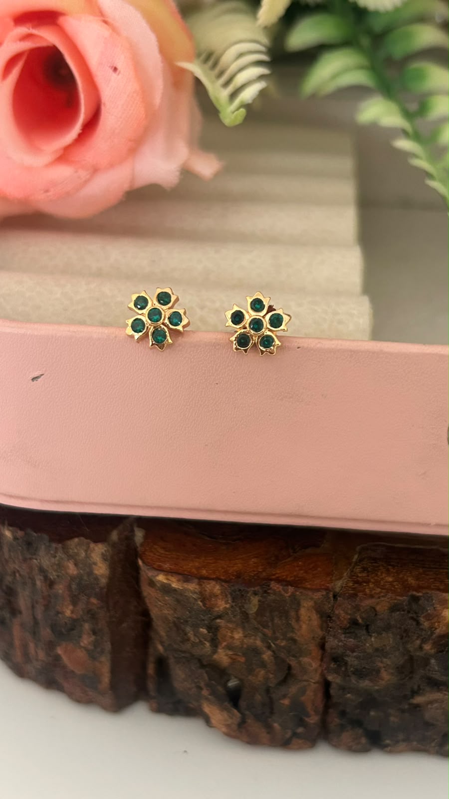 Panchaloham  full green Flower Stud Earrings | Small Stone Traditional wear