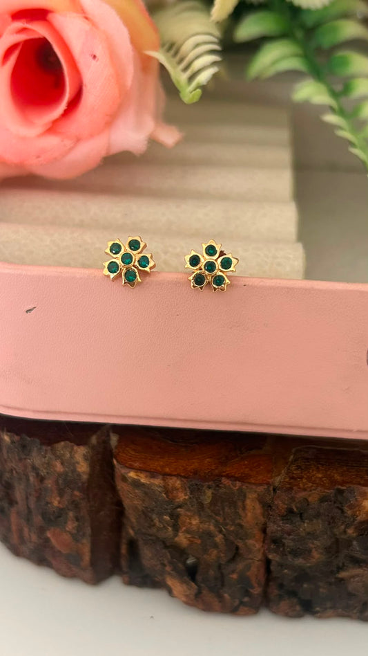 Panchaloham  full green Flower Stud Earrings | Small Stone Traditional wear