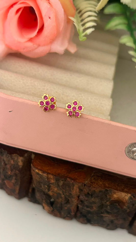 Panchaloham  full red Flower  small Stud Earrings | Small Stone Traditional wear
