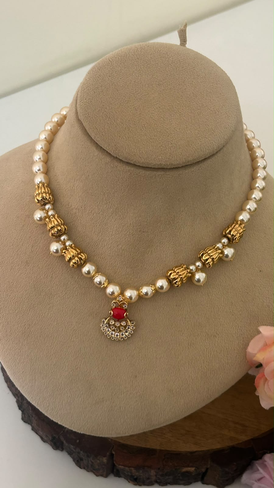 Traditional Pearl Beads Necklace with Ruby Pendant | | 16–17 Inch