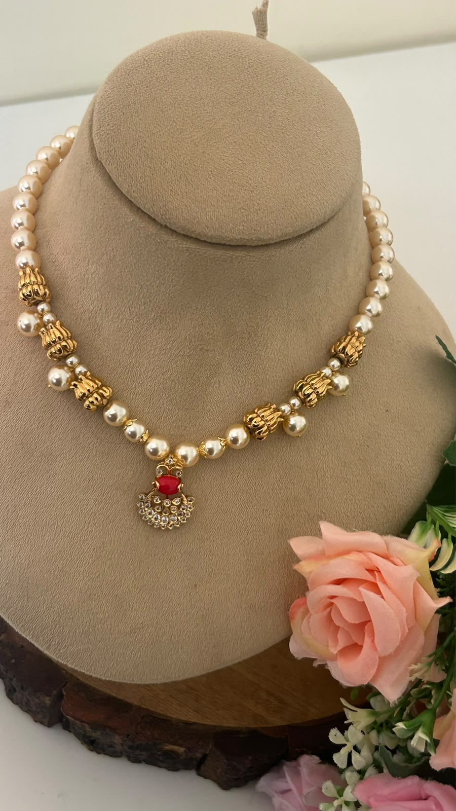 Traditional Pearl Beads Necklace with Ruby Pendant | | 16–17 Inch