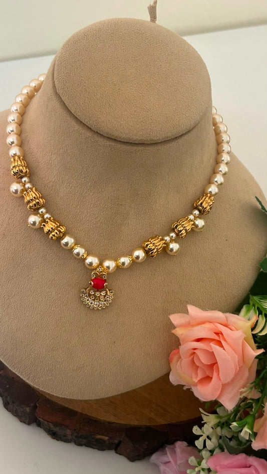 Traditional Pearl Beads Necklace with Ruby Pendant | | 16–17 Inch