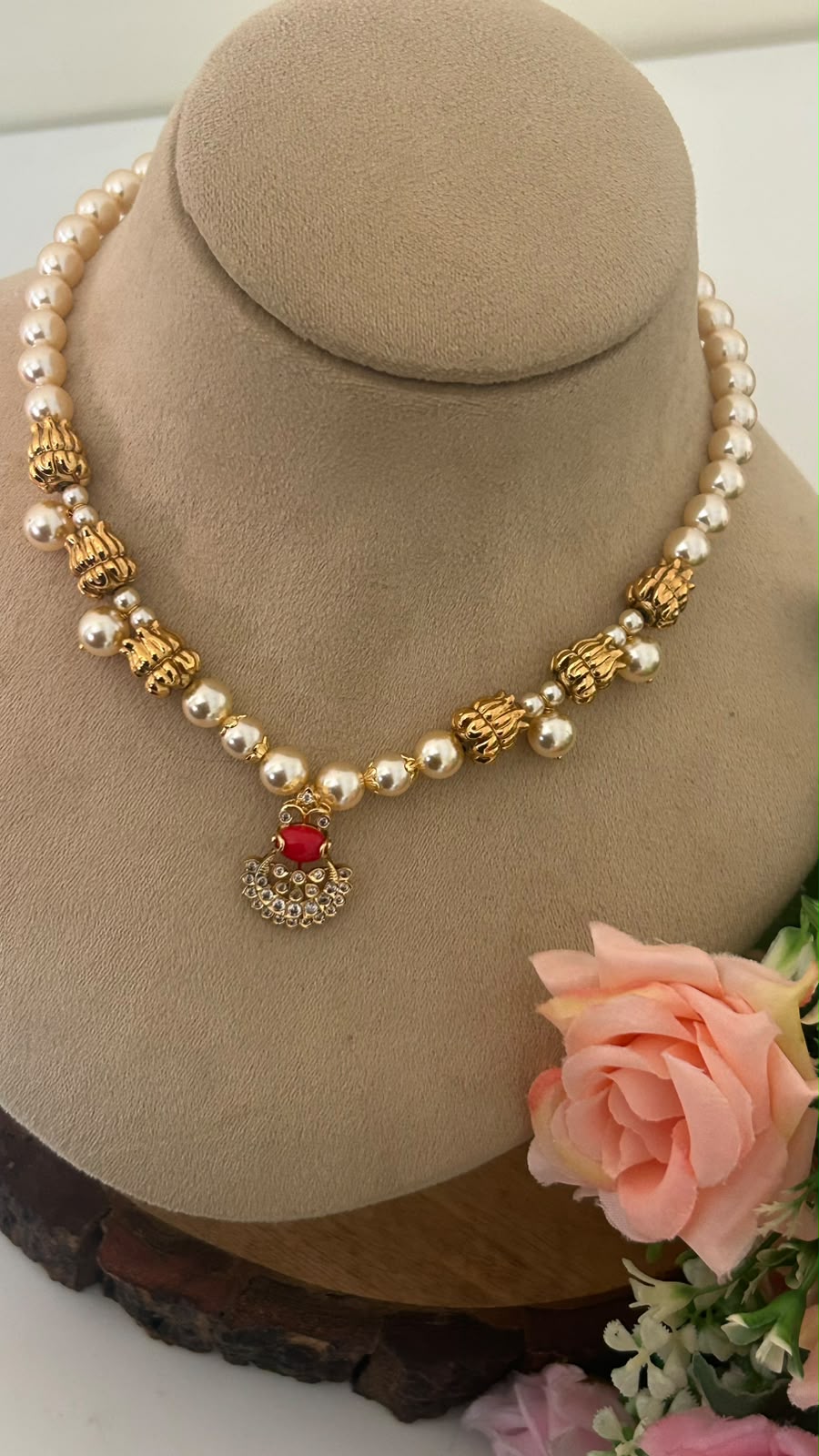 Traditional Pearl Beads Necklace with Ruby Pendant | | 16–17 Inch